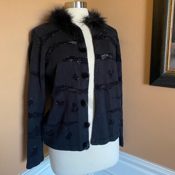 Berek Vintage Sequin Cardi Faux Fur Collar Mesh Inset Black Sweater M Glam Goth - Picture 4 of 12